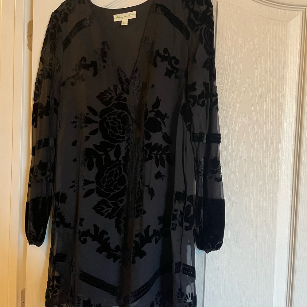 Black long sleeve mini dress with velvet floral overlay